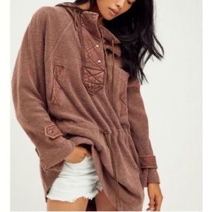 Free People Sadie Surplus Knit Jacket Wine Small Hood Coastal Beach Bonfire Cozy